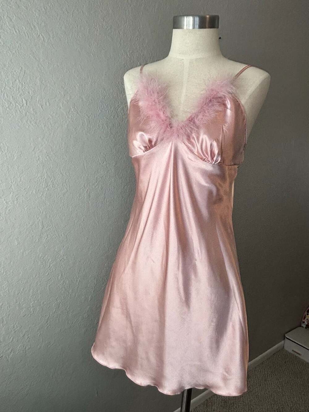 Pink Satin Feather Trim Chemise Slip Dress